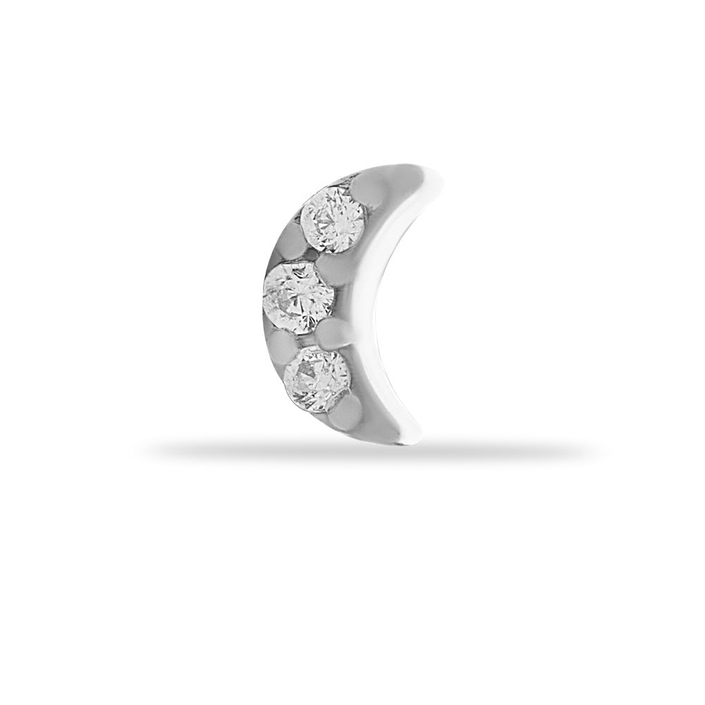 Moon stud piercing earring with clear zircons - 14K Solid White Gold