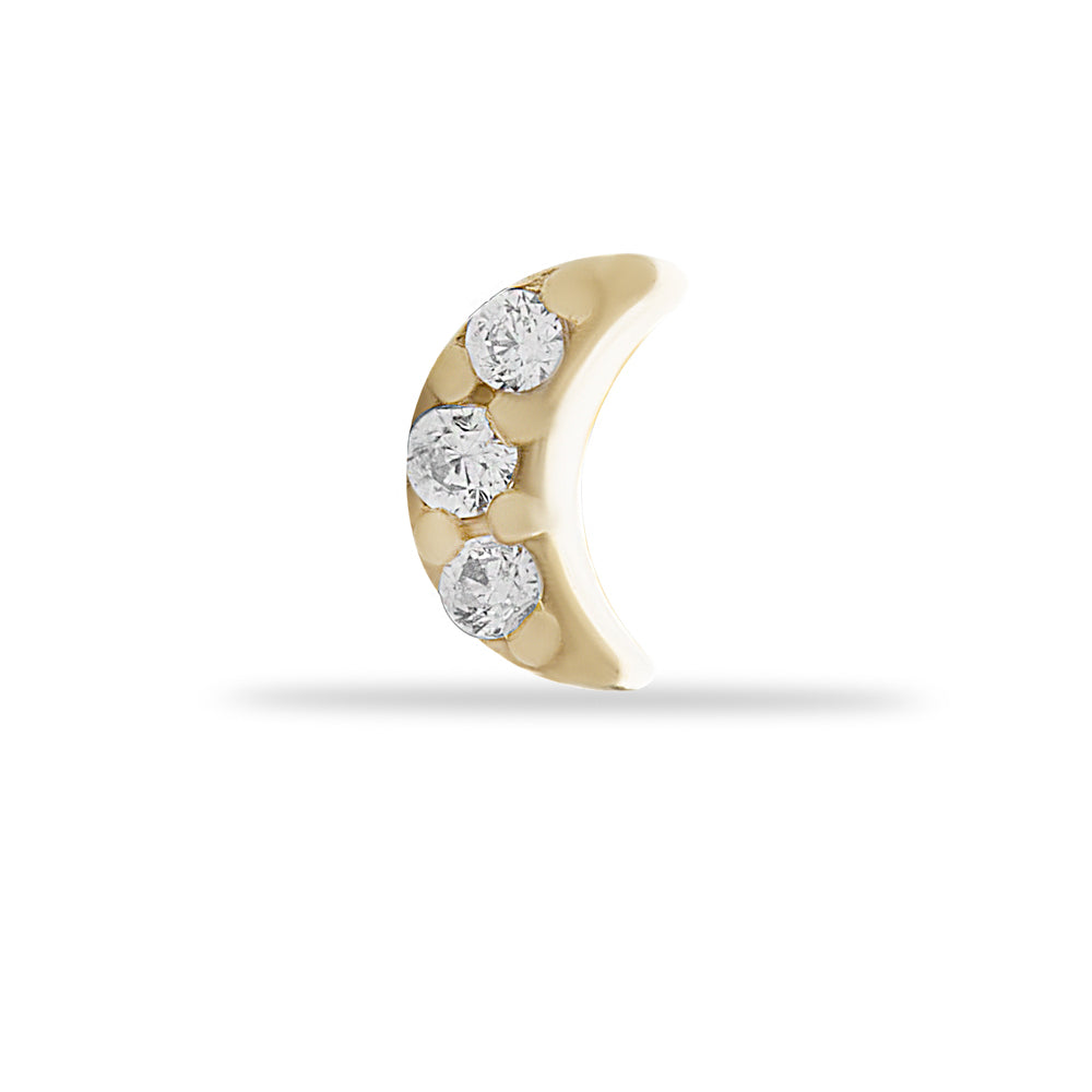 Moon stud piercing earring with clear zircons - 14K Solid Yellow Gold