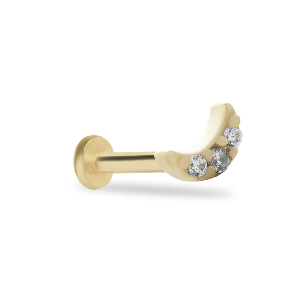 Moon stud piercing earring with clear zircons - 14K Solid Yellow Gold