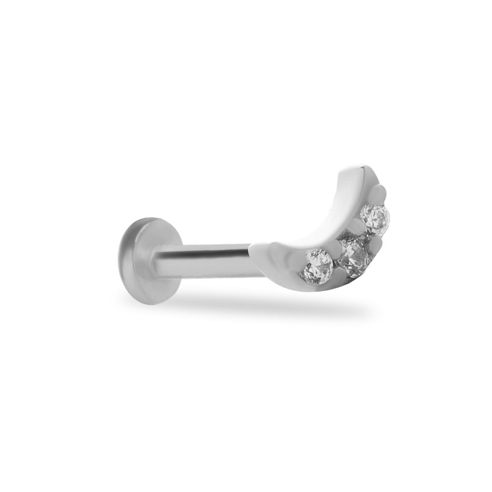 Moon stud piercing earring with clear zircons - 14K Solid White Gold