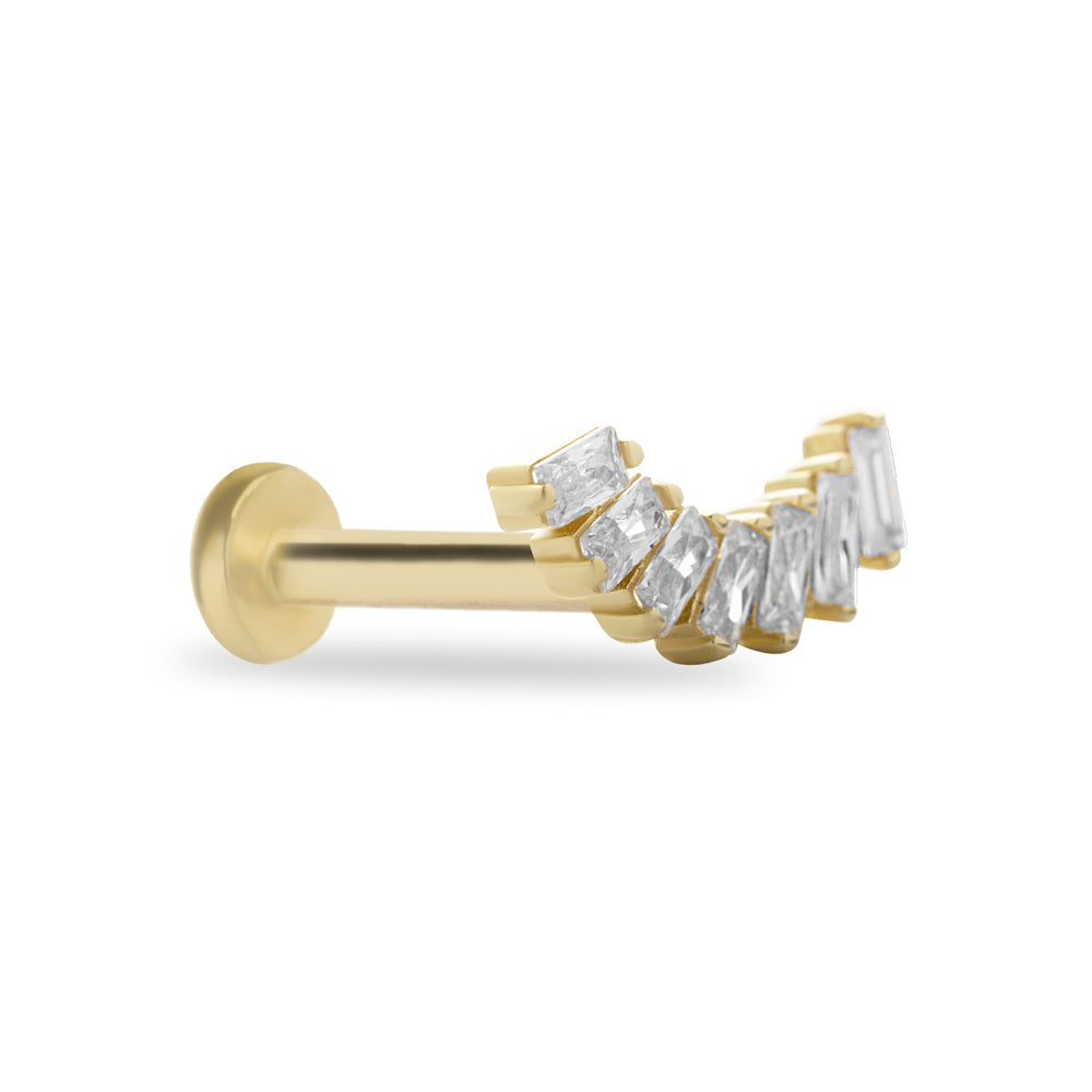 Climber stud piercing earring with clear zircons - 14K Solid Yellow Gold