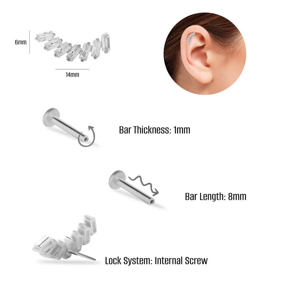 Climber stud piercing earring with clear zircons - 14K Solid White Gold