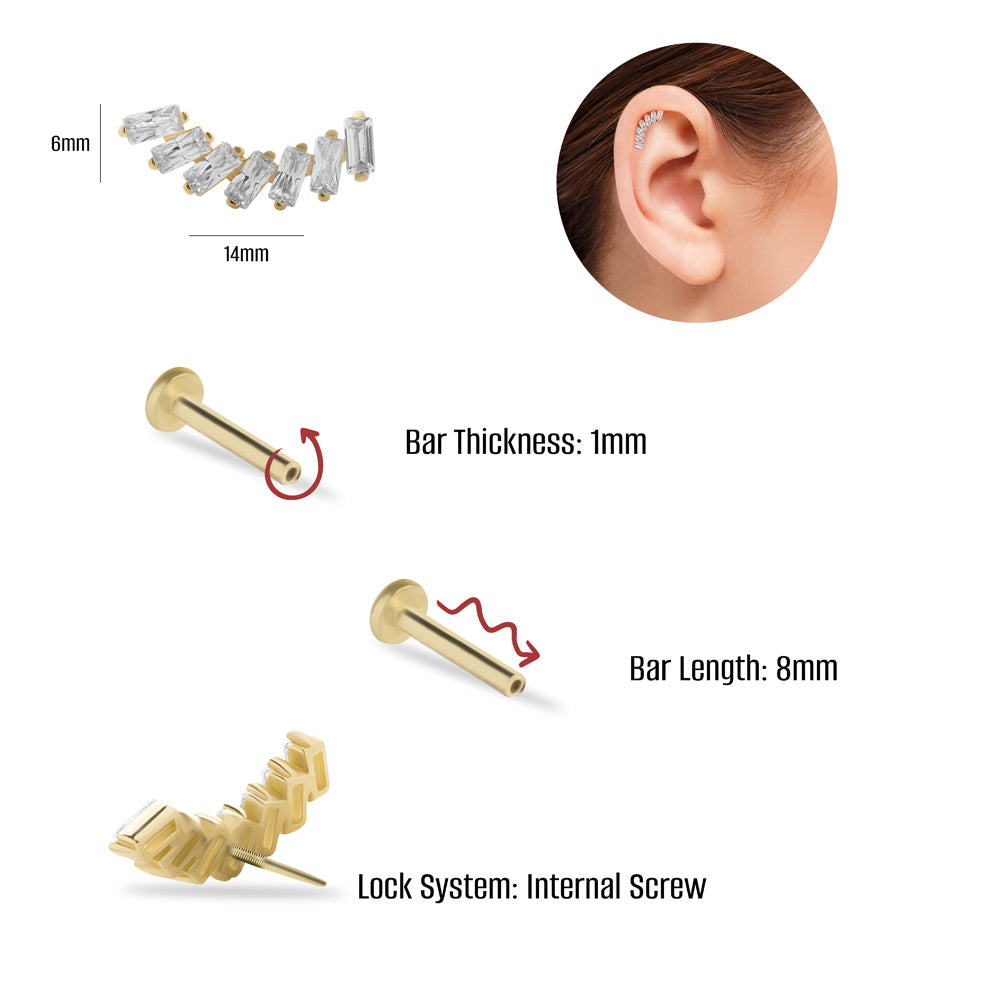 Climber stud piercing earring with clear zircons - 14K Solid Yellow Gold