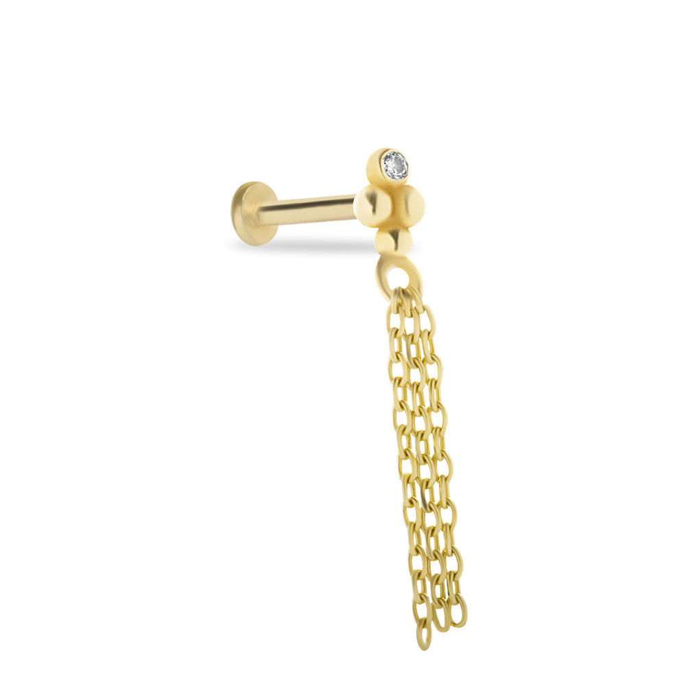 Chine stud piercing earring with clear zircon - 14K Solid Yellow Gold