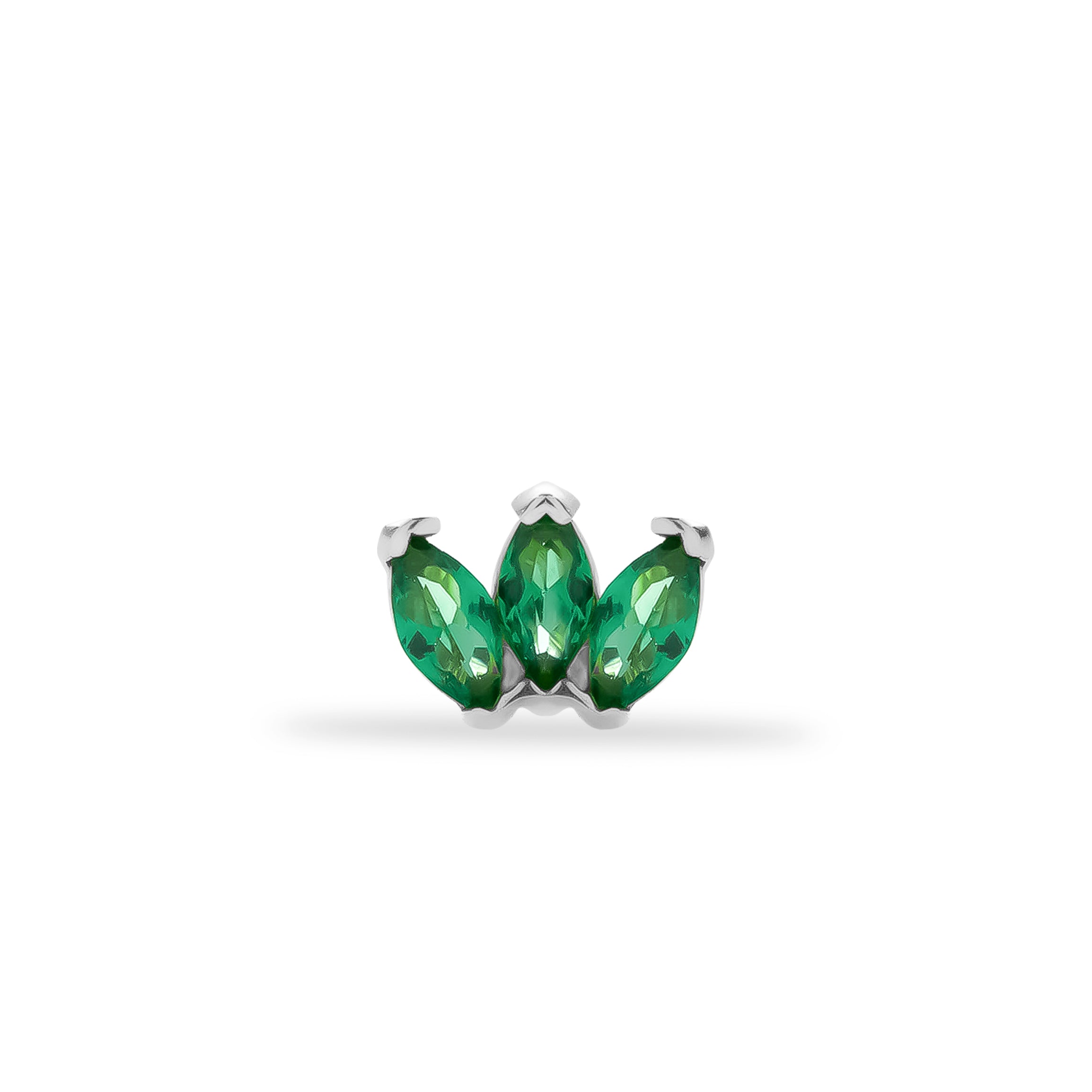 Mini flower stud piercing earring with green zircons - 14K Solid White Gold