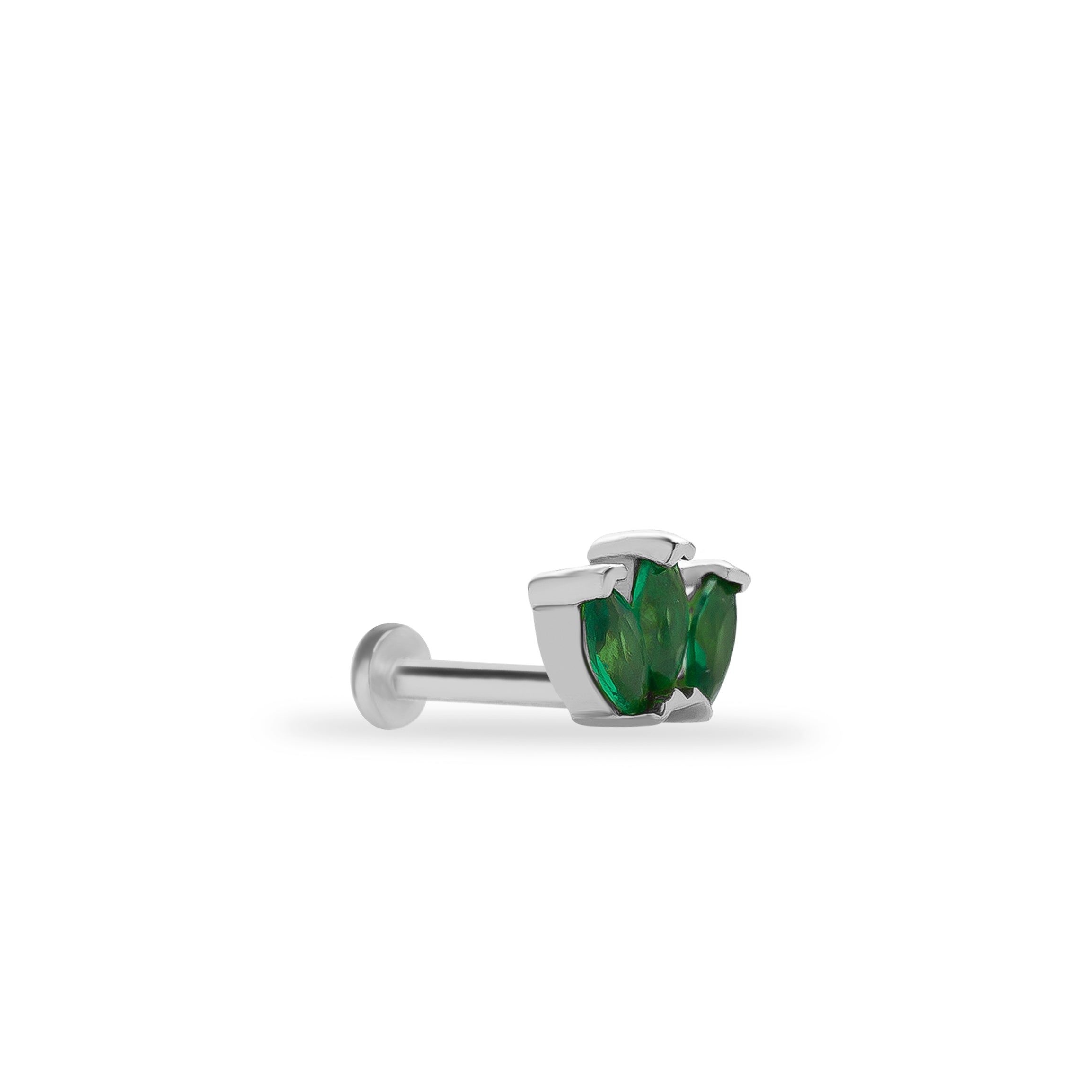 Mini flower stud piercing earring with green zircons - 14K Solid White Gold