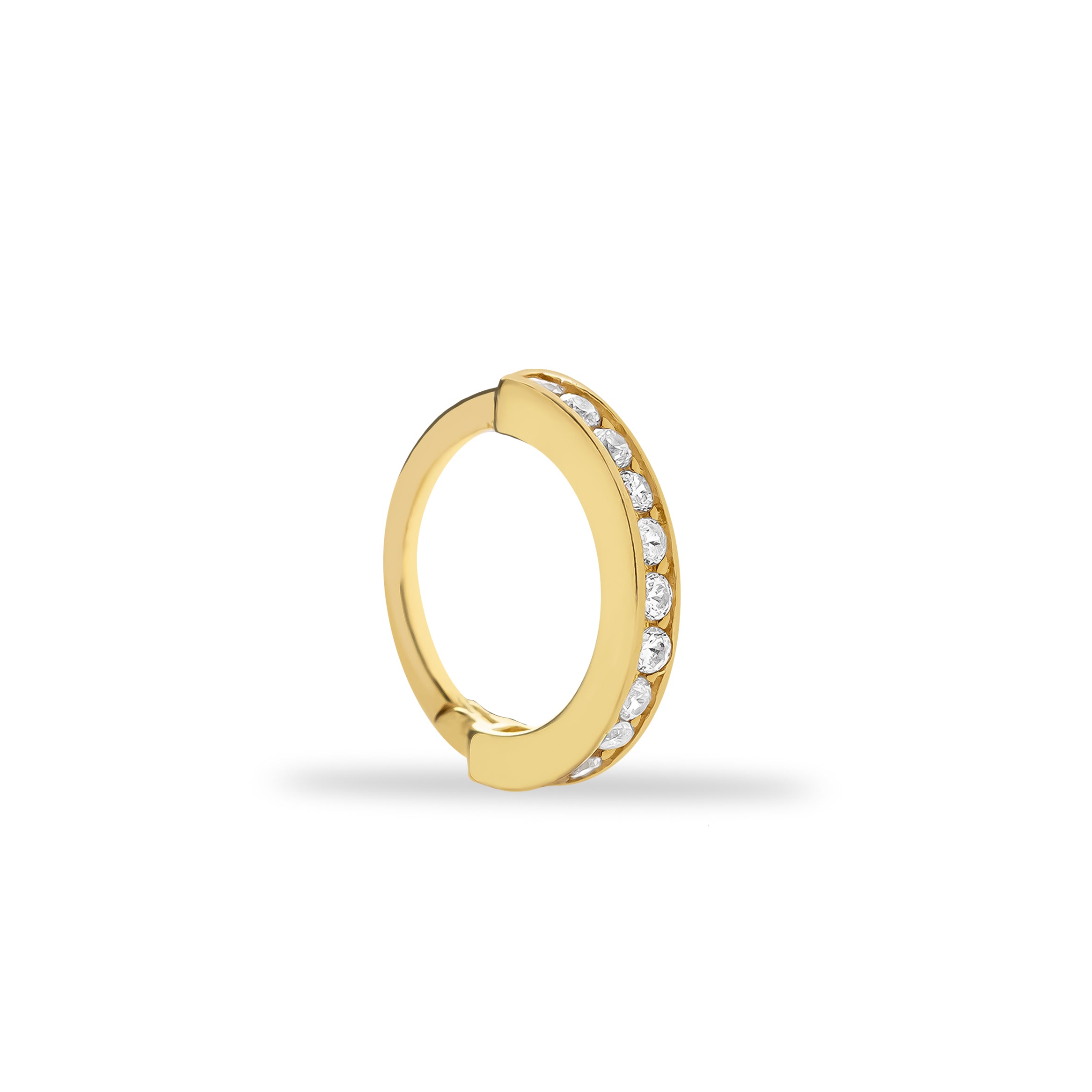 8mm Hoop piercing earring with clear zircons - 14K Solid Yellow Gold