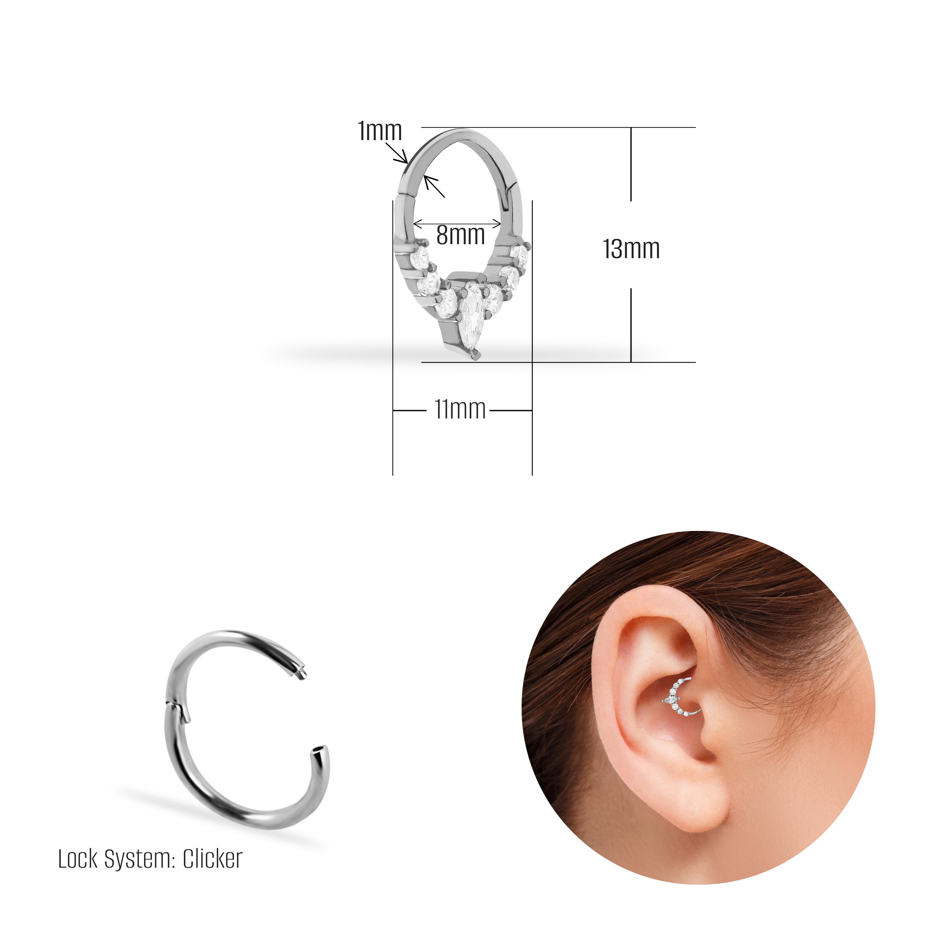 8mm Hoop piercing earring with clear zircons - 14K Solid White Gold