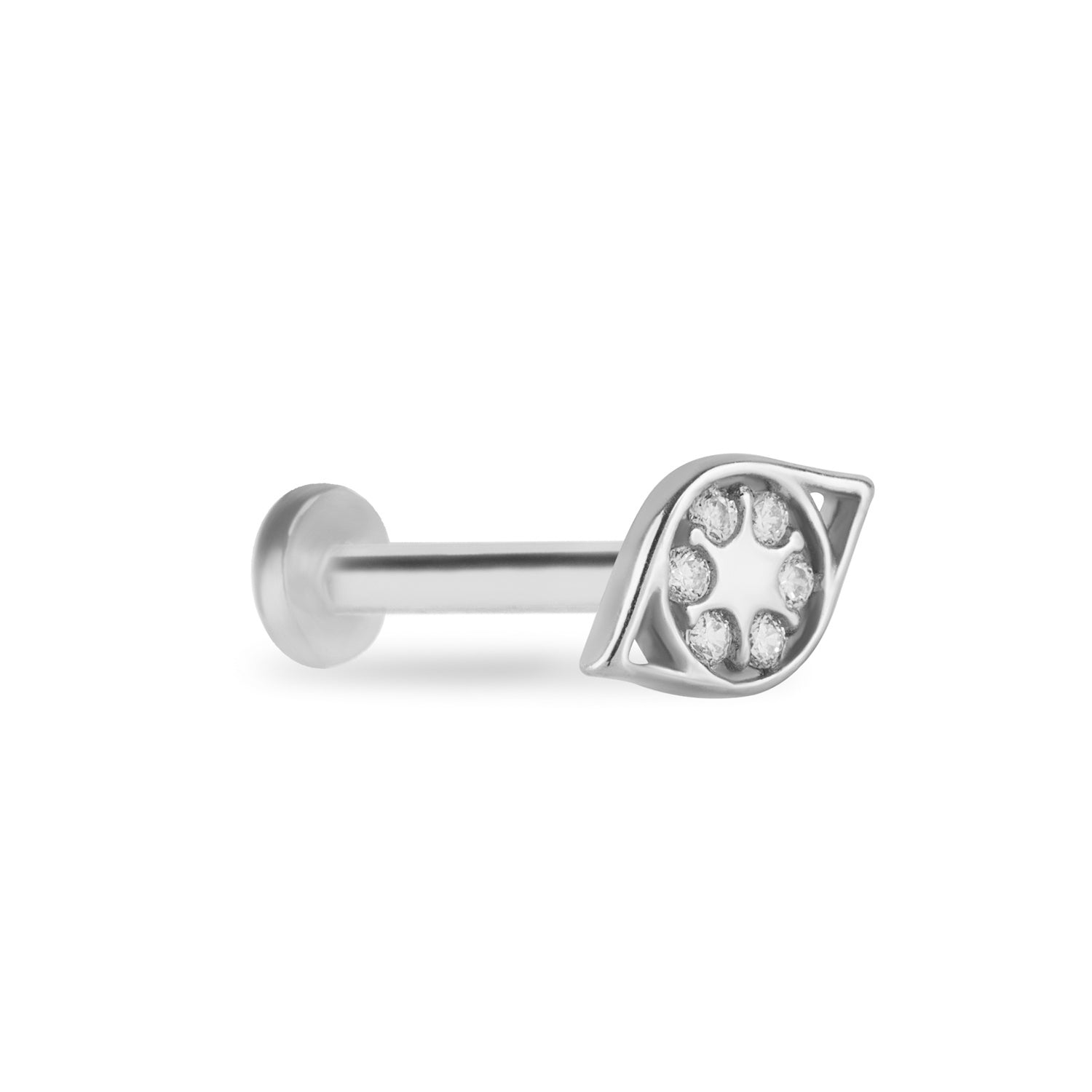 Marquis stud piercing earring with clear zircons - 14K Solid White Gold