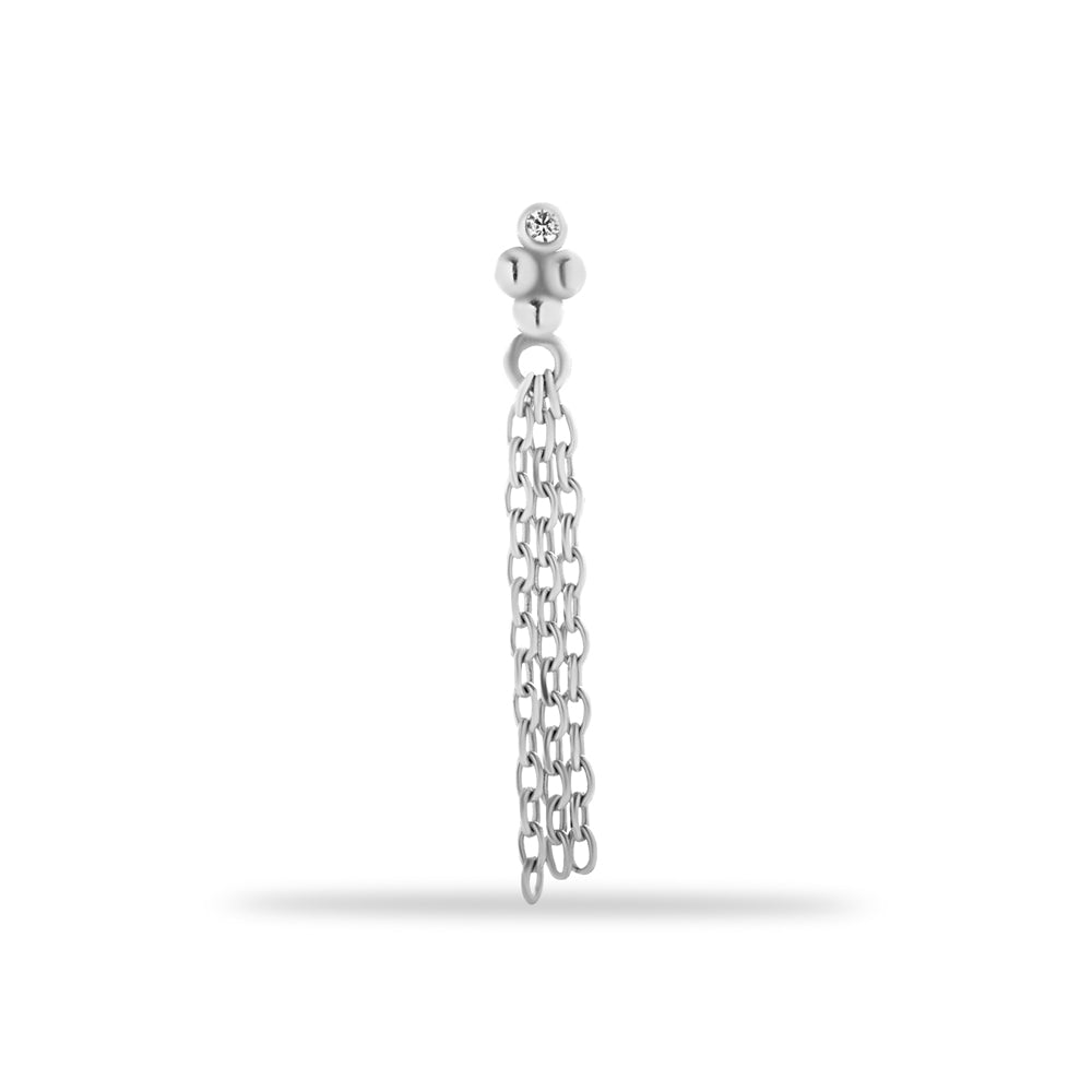 Chain stud piercing earring with clear zircon - 14K Solid White Gold