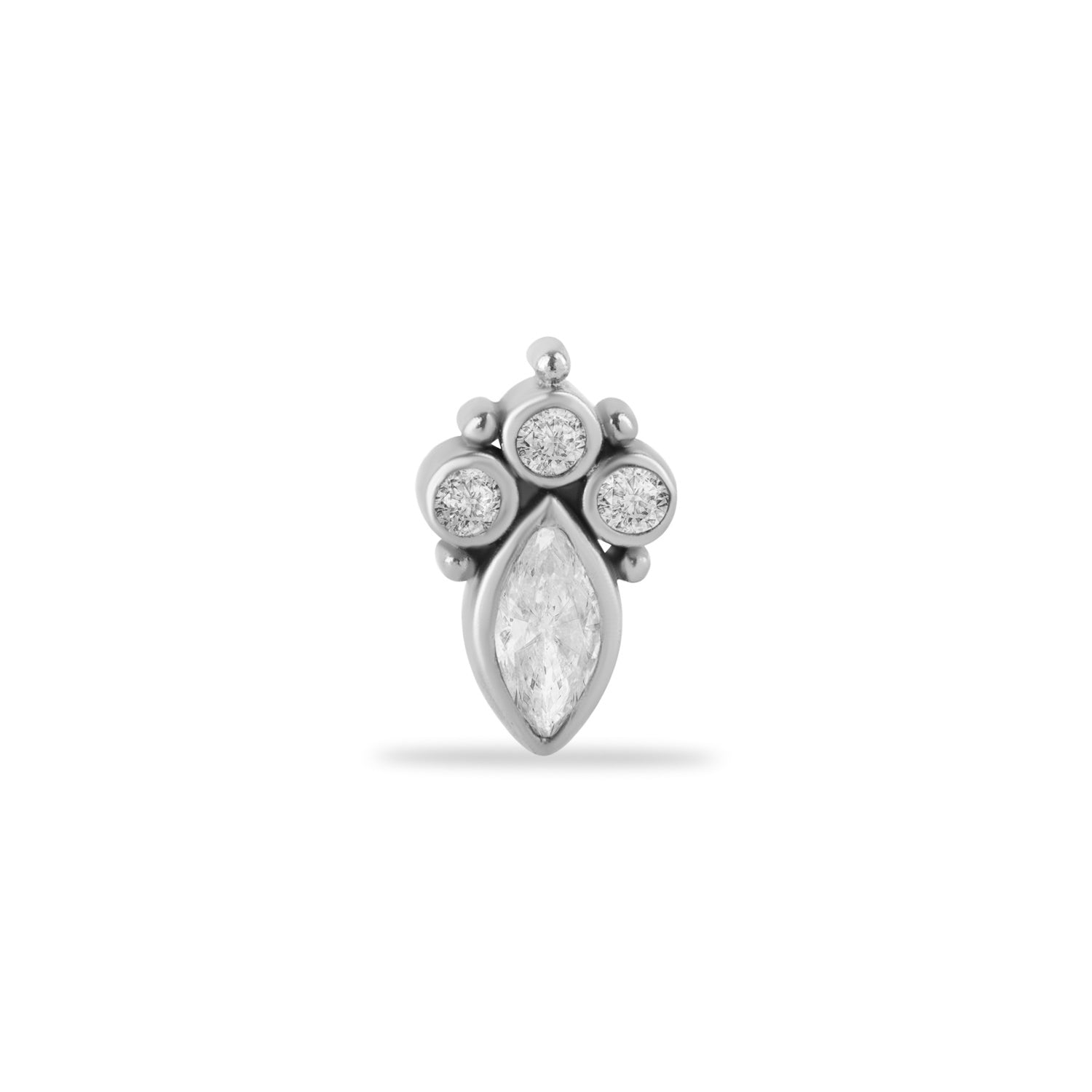 Marquis stud piercing earring with clear zircons - 14K Solid White Gold