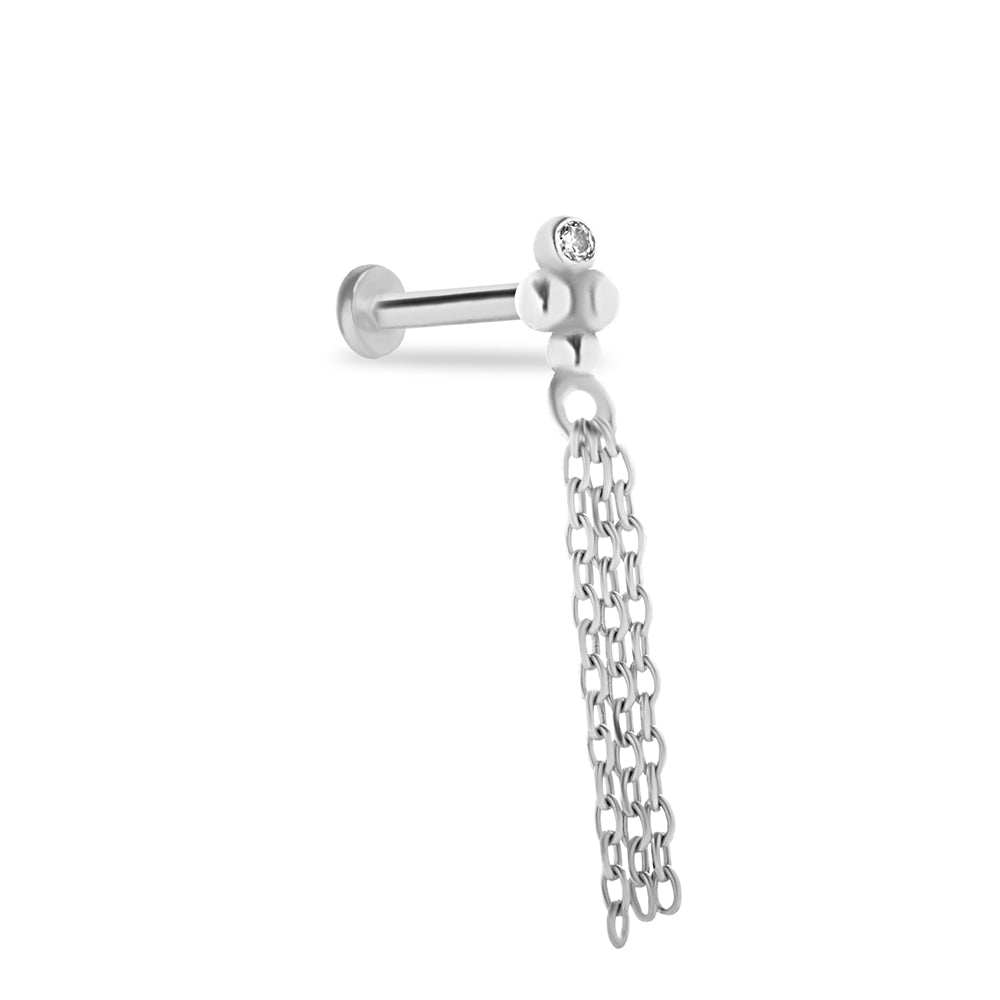 Chain stud piercing earring with clear zircon - 14K Solid White Gold