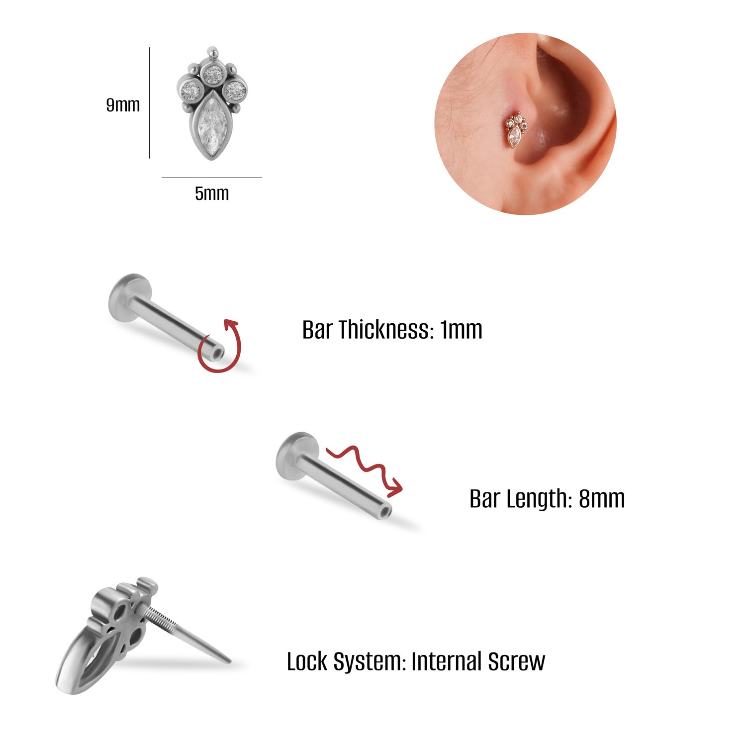 Marquis stud piercing earring with clear zircons - 14K Solid White Gold