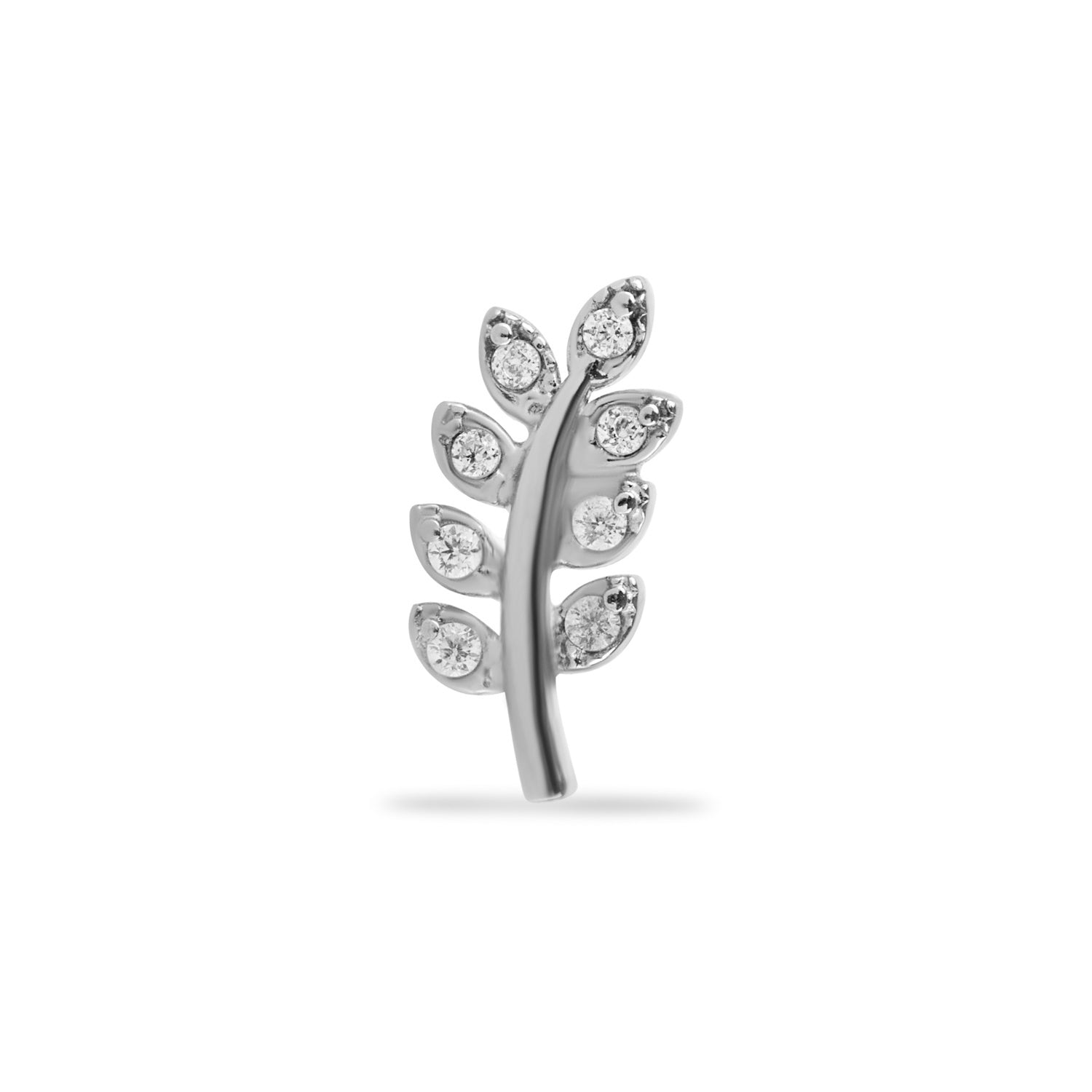 Leave stud piercing earring with clear zircons - 14K Solid White Gold