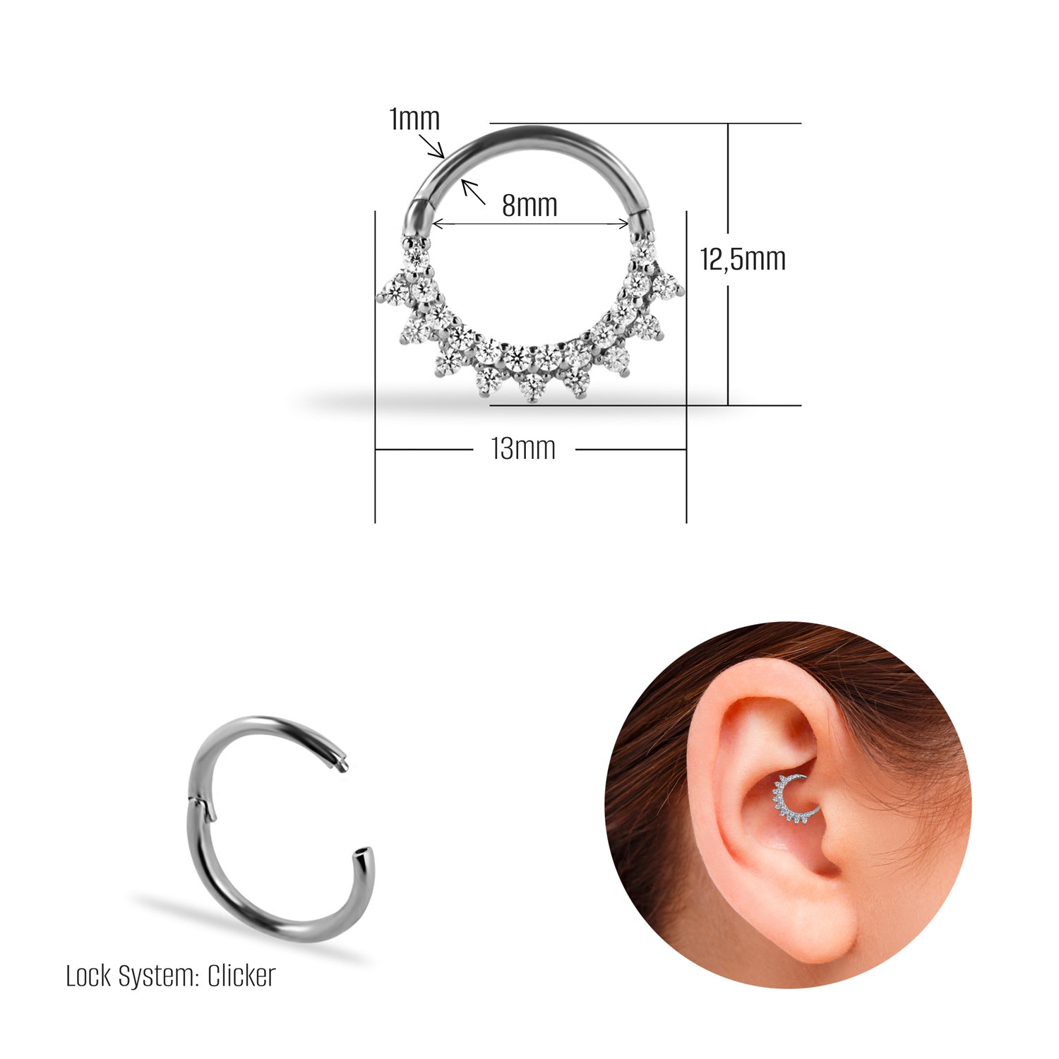 8mm Hoop piercing earring with clear zircons - 14K Solid White Gold