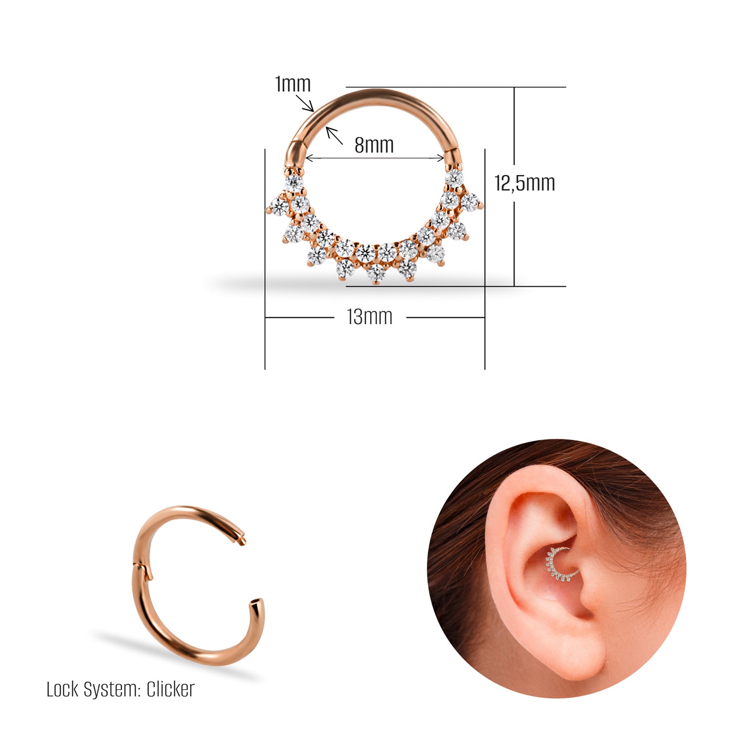 8mm Hoop piercing earring with clear zircons - 14K Solid Rose Gold