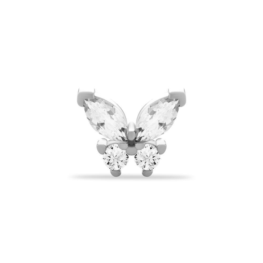 Butterfly Stud piercing earring with clear zircons - 14K Solid White Gold