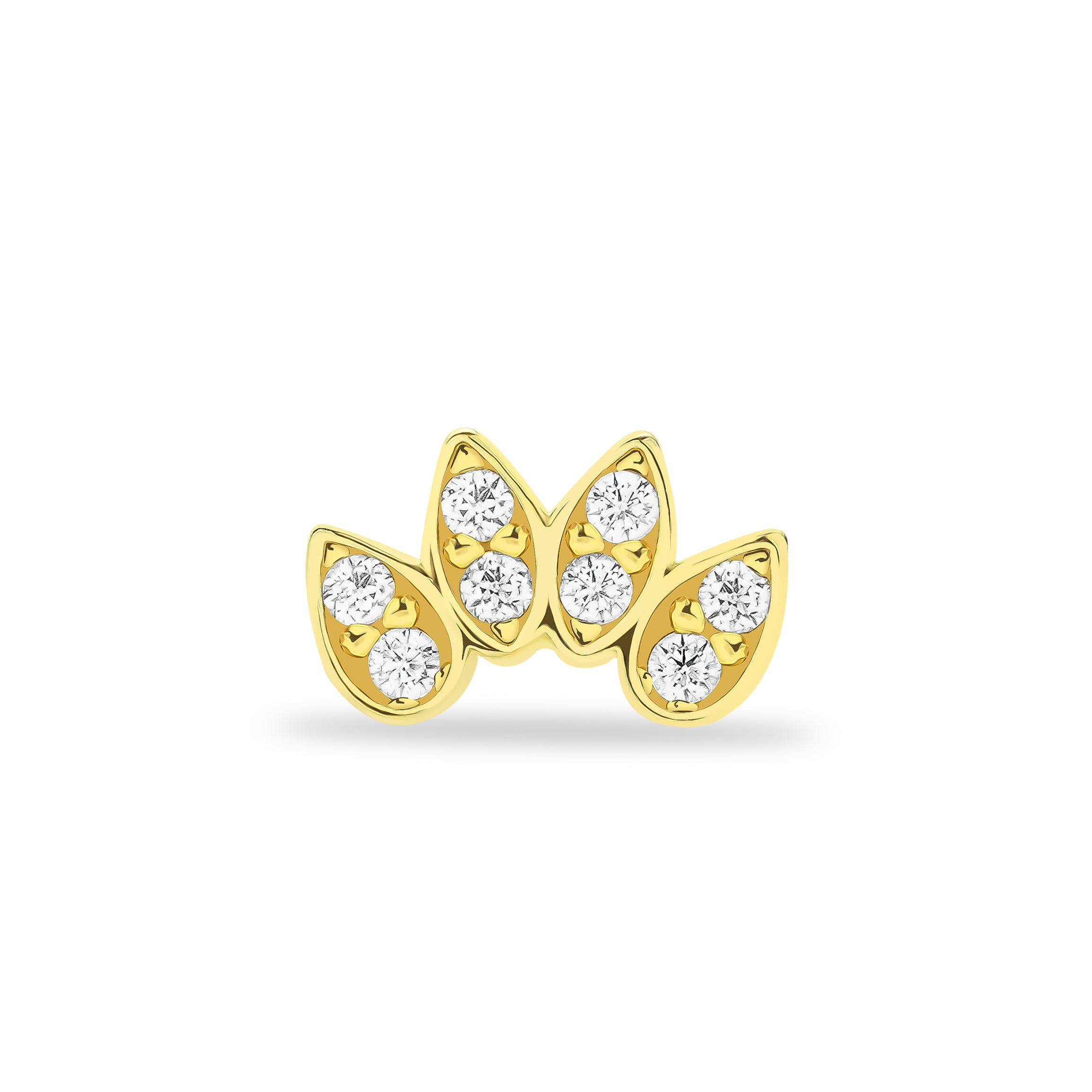 Lotus stud piercing earring with clear zircons - 14K Solid Yellow Gold