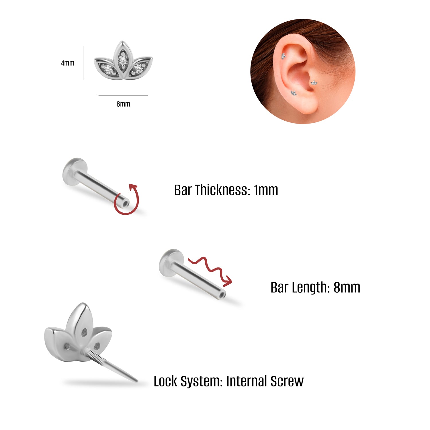 Lotus stud piercing earring with zircons - 14K Solid White Gold