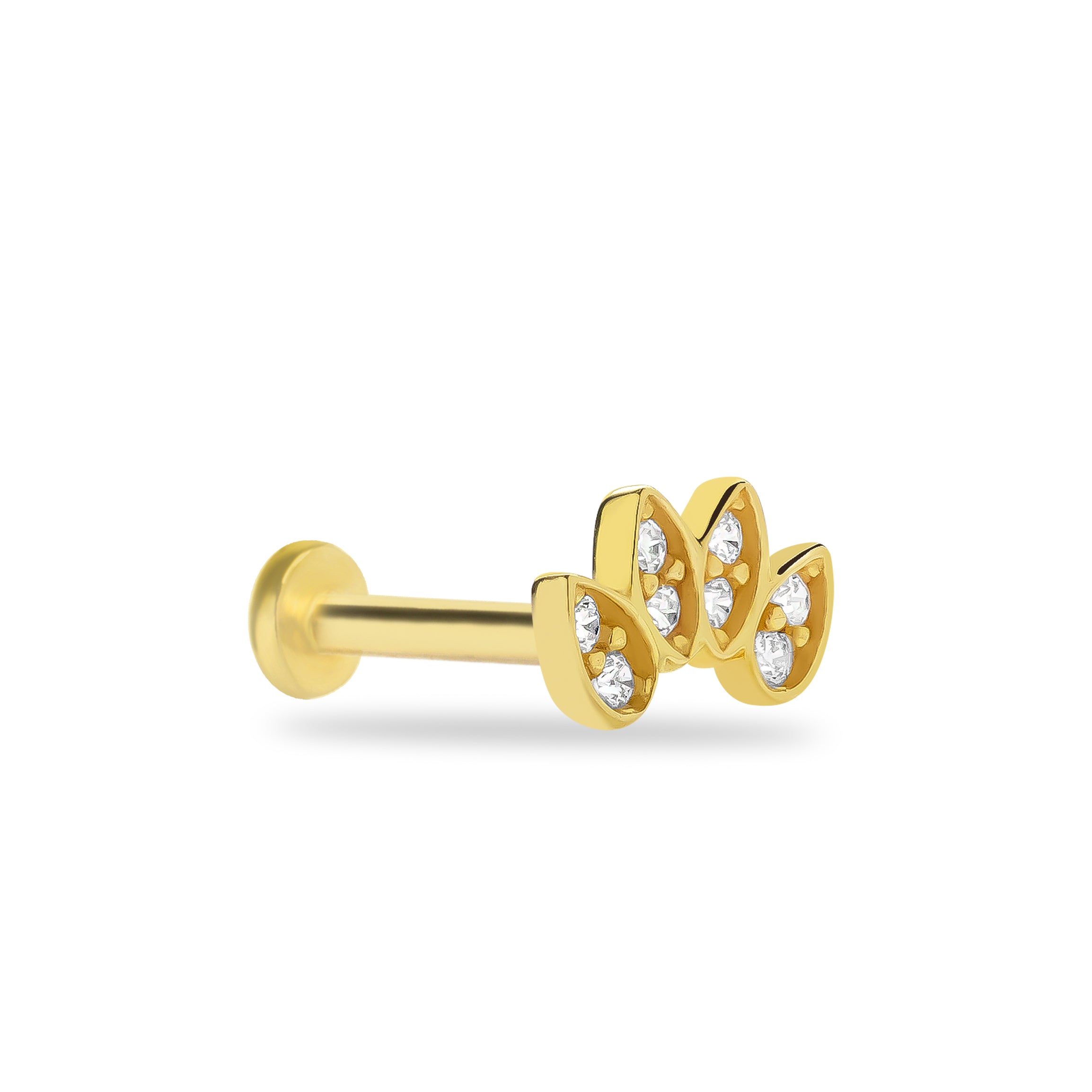 Lotus stud piercing earring with clear zircons - 14K Solid Yellow Gold