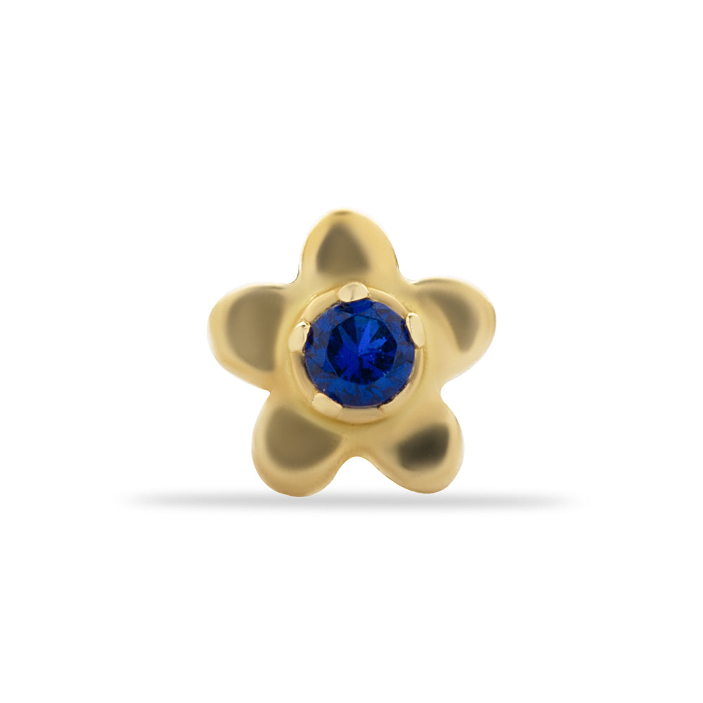 Flower stud piercing earring with blue zircon - 14K Solid Yellow Gold