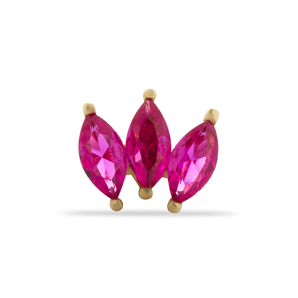 Lotus stud piercing earring in red zircons - 14K Solid Yellow Gold