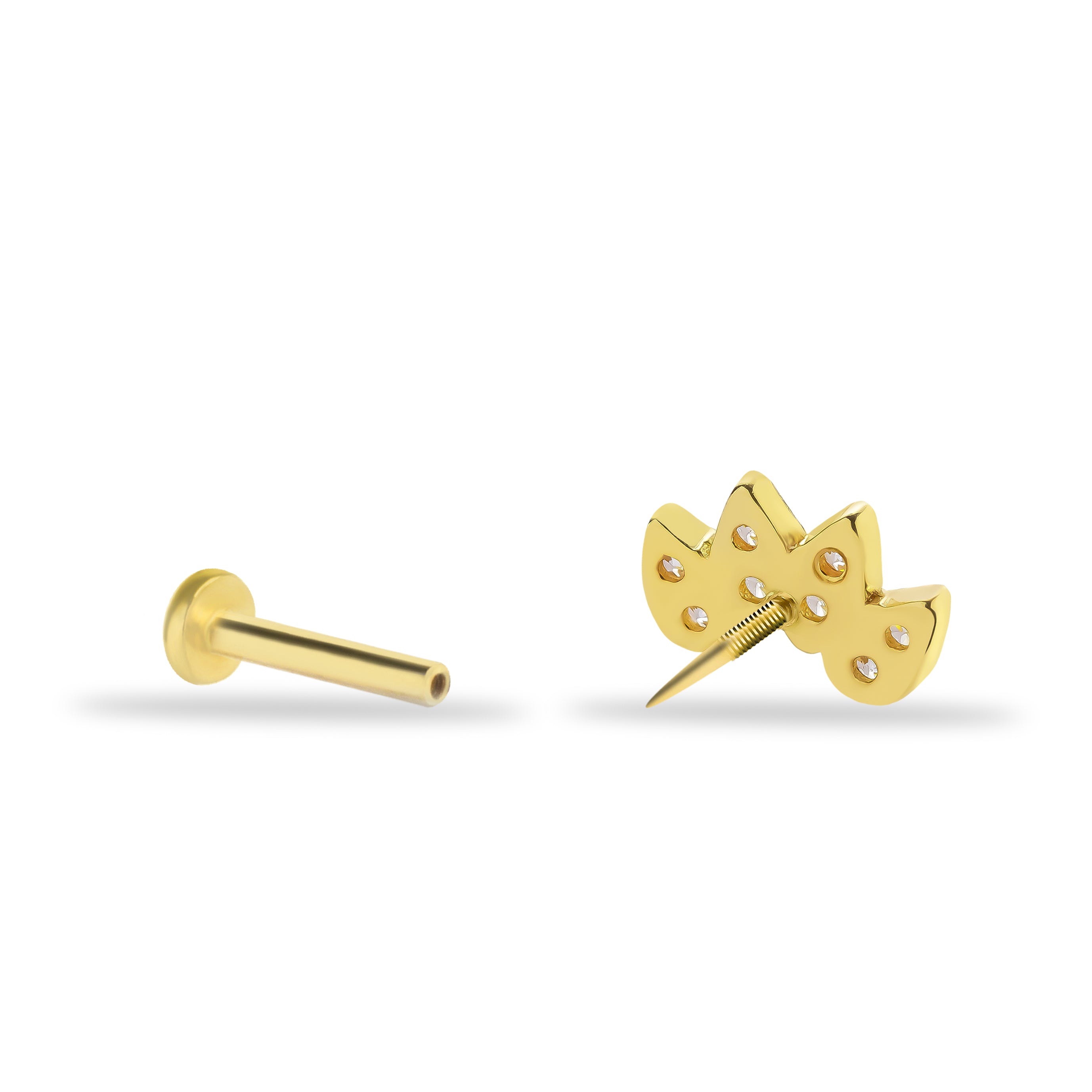 Lotus stud piercing earring with clear zircons - 14K Solid Yellow Gold