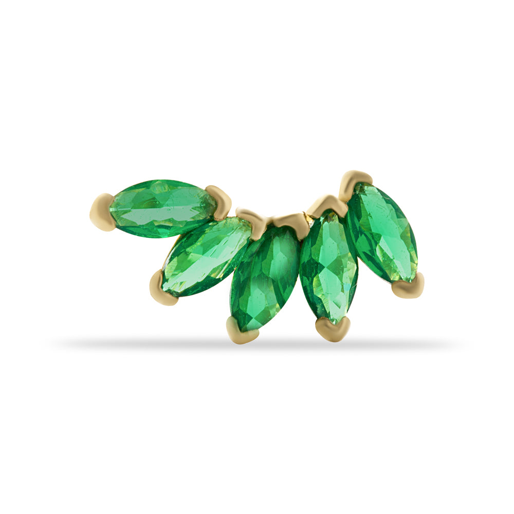 Climber stud piercing earring with green zircons- 14K Solid Yellow Gold