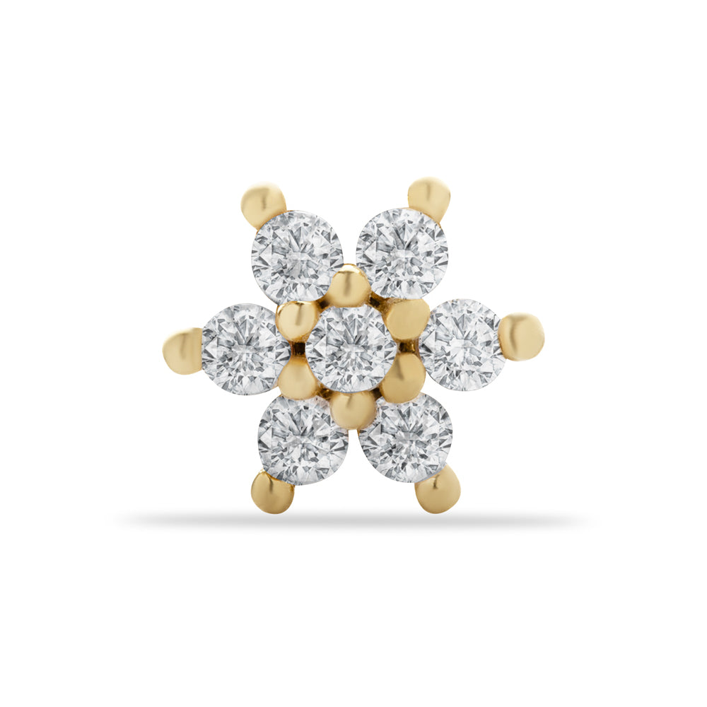 Flower stud piercing earring with clear zircons - 14K Solid Yellow Gold