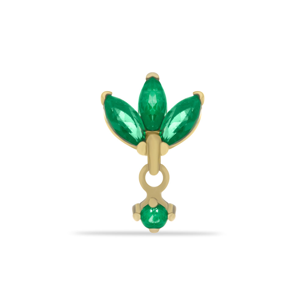 Lotus flower stud piercing earring with green zircons & hanging chain - 14K Solid Yellow Gold