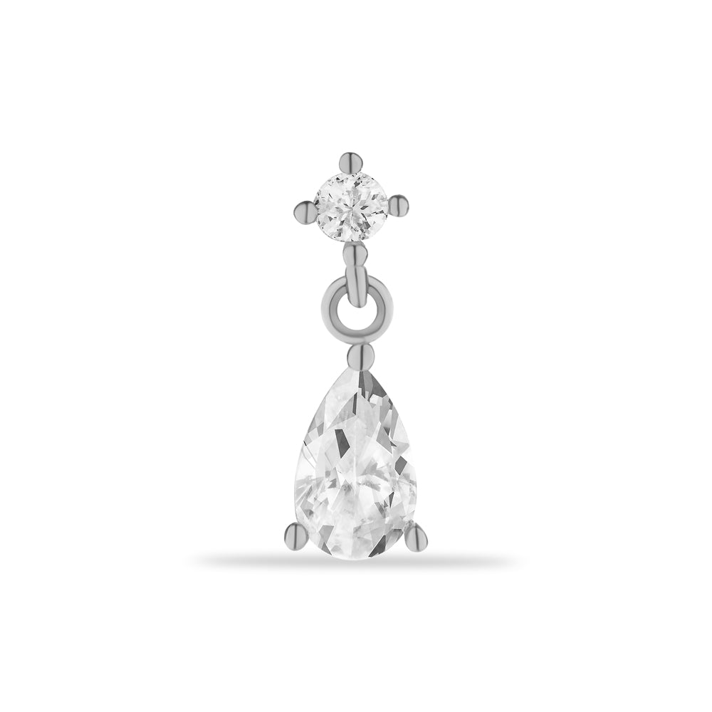 Stud piercing earring with hanging chain & clear zircons - 14K Solid White Gold