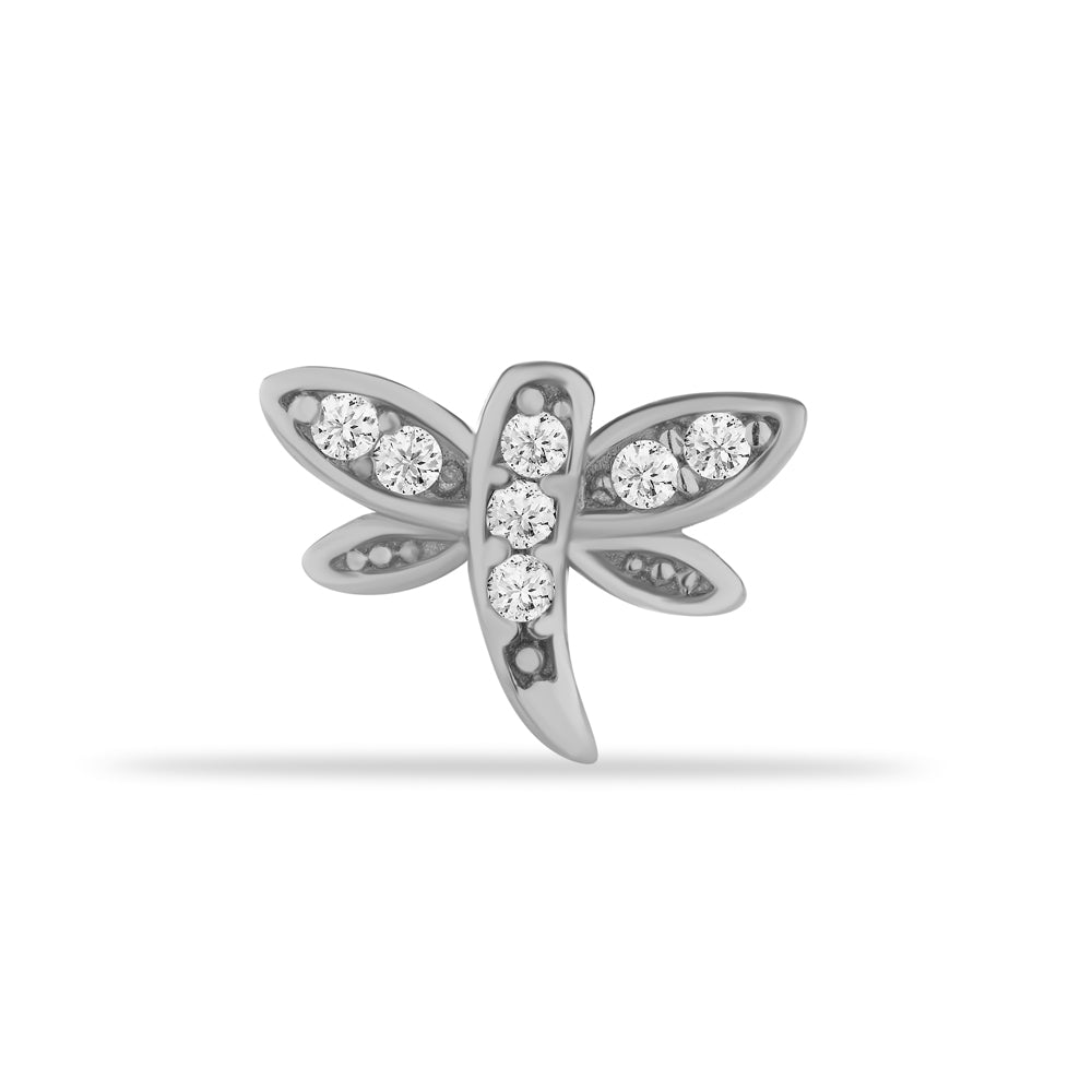 Dragonfly stud piercing earring with clear zircon - 14K Solid White Gold