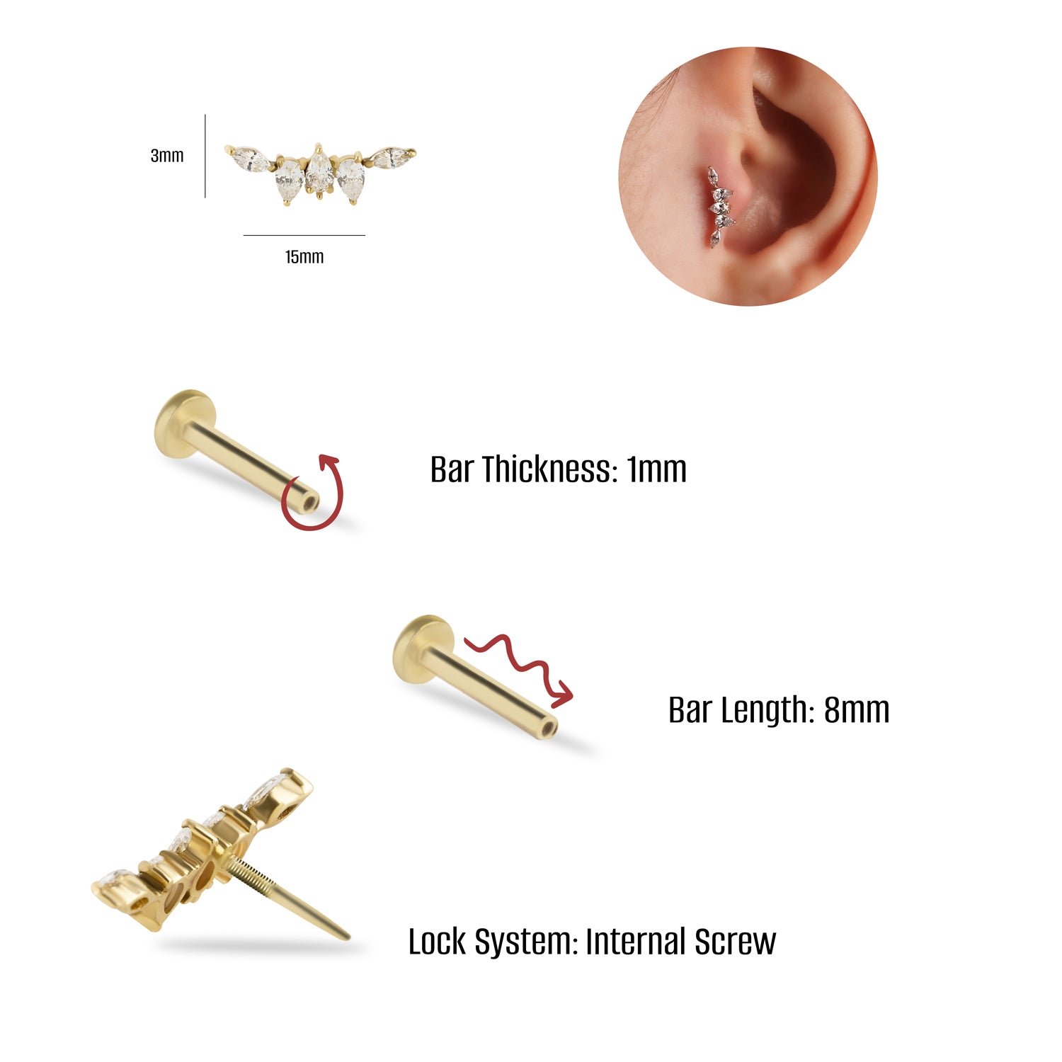 Climber stud piercing earring with clear zircons - 14K Solid Yellow Gold