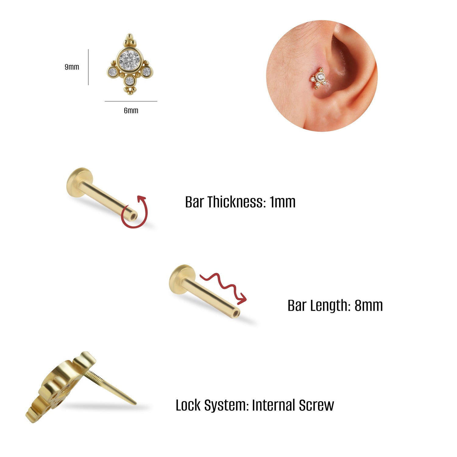 Stud piercing earring with clear zircons - 14K Solid Yellow Gold
