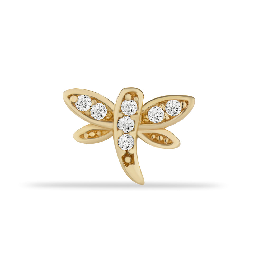 Dragonfly stud piercing earring with clear zircons - 14K Solid Yellow Gold