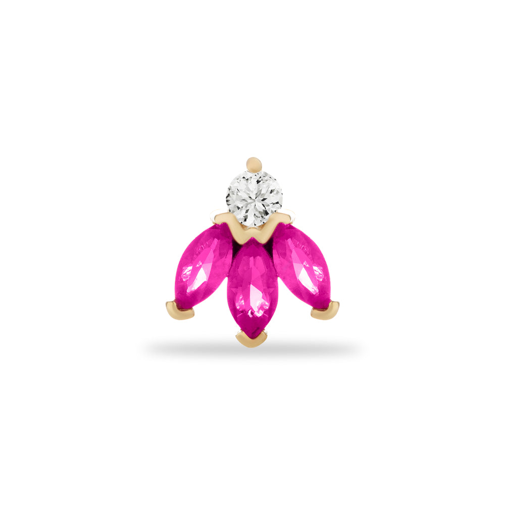 Lotus flower piercing earring with red & clear zircons - 14K Solid Yellow Gold