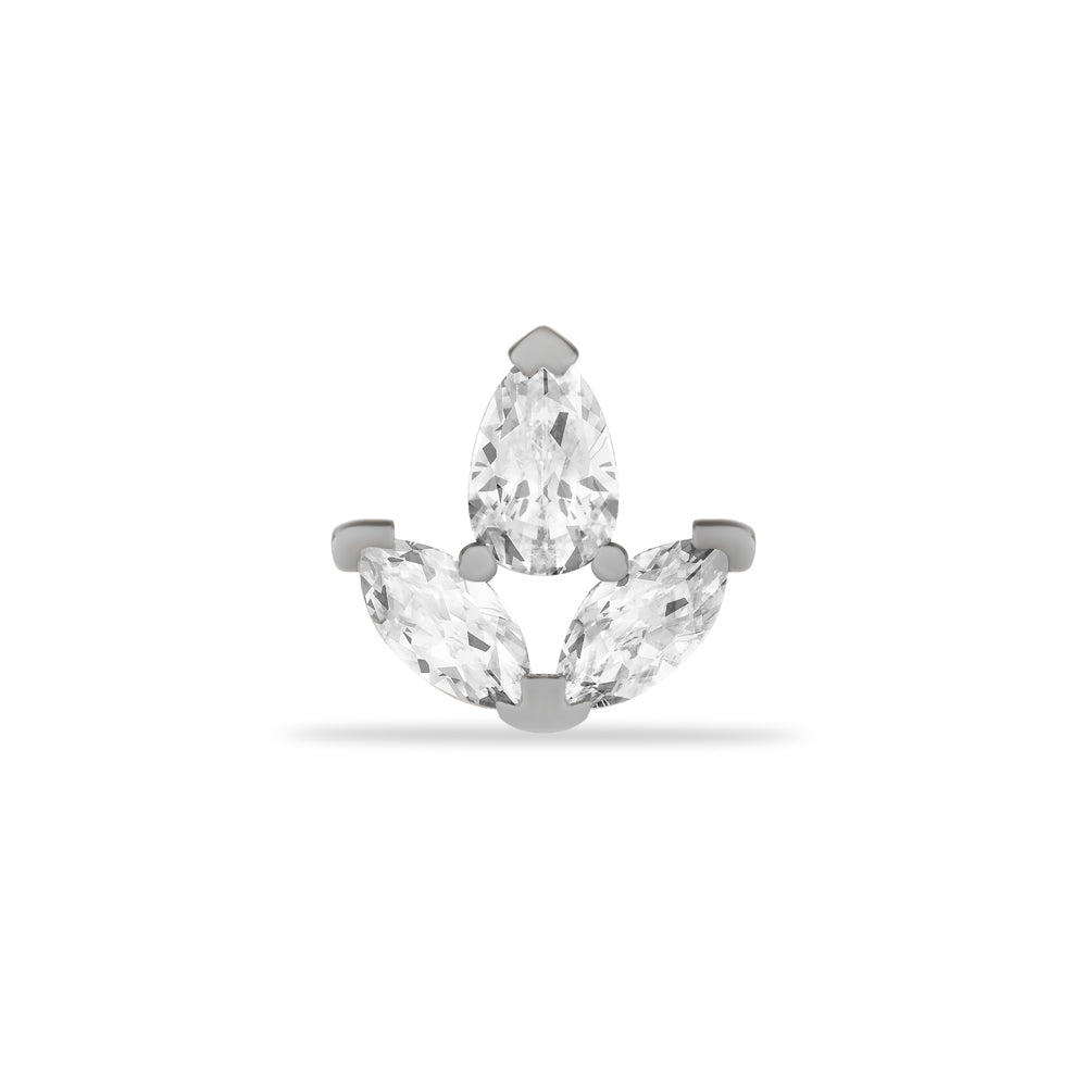 Lotus flower stud piercing earring with clear zircons - 14K Solid White Gold