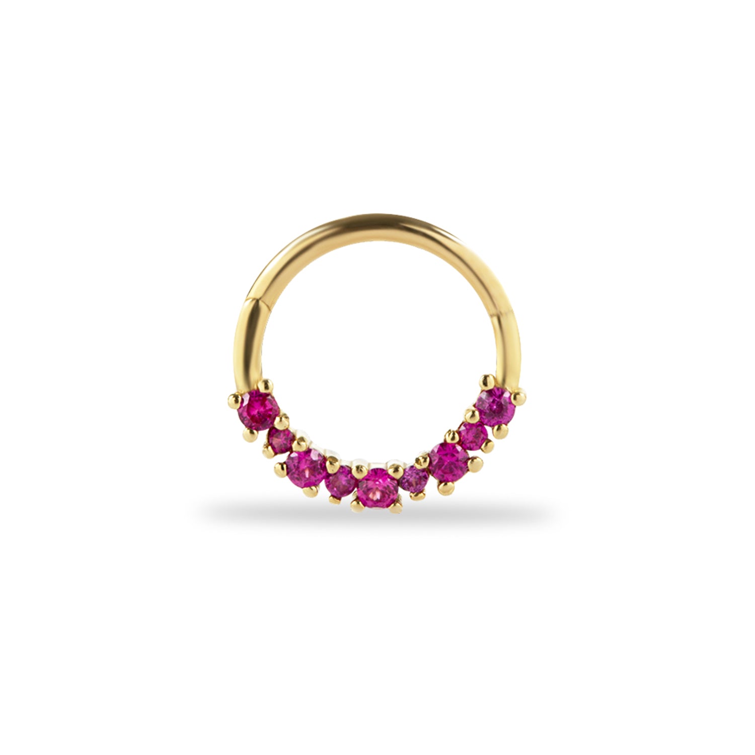 8mm Hoop piercing earring with red zircons- 14K Solid Yellow Gold