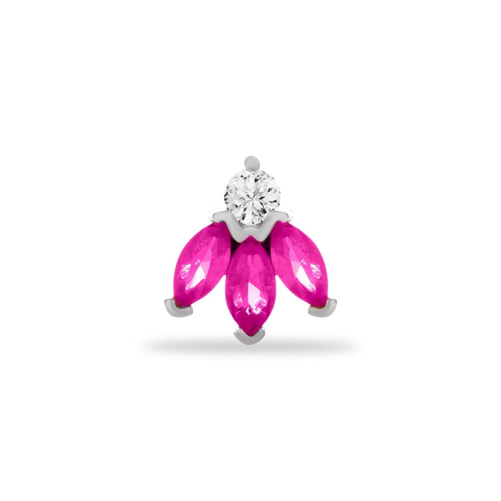 Lotus flower piercing earring with red & clear zircons - 14K Solid White Gold