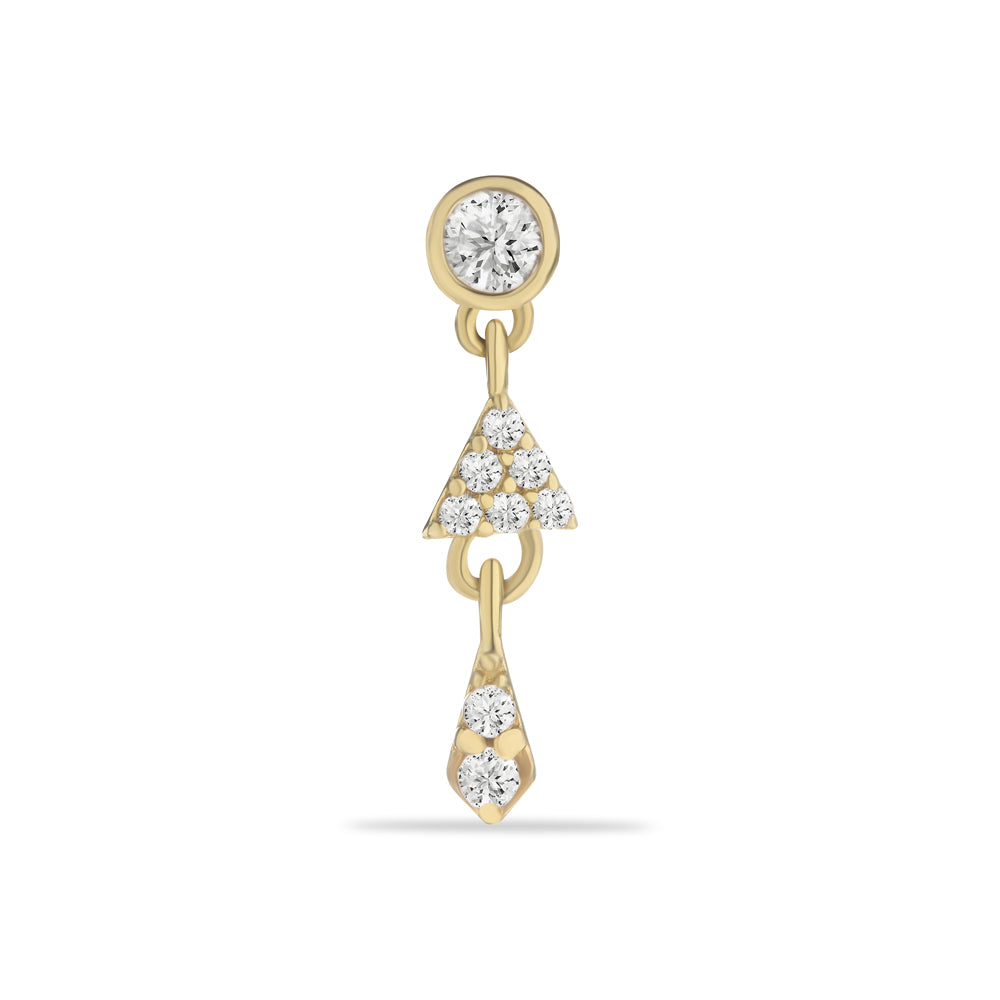 Stud piercing earring with clear zircon & hanging chain - 14K Solid Yellow Gold