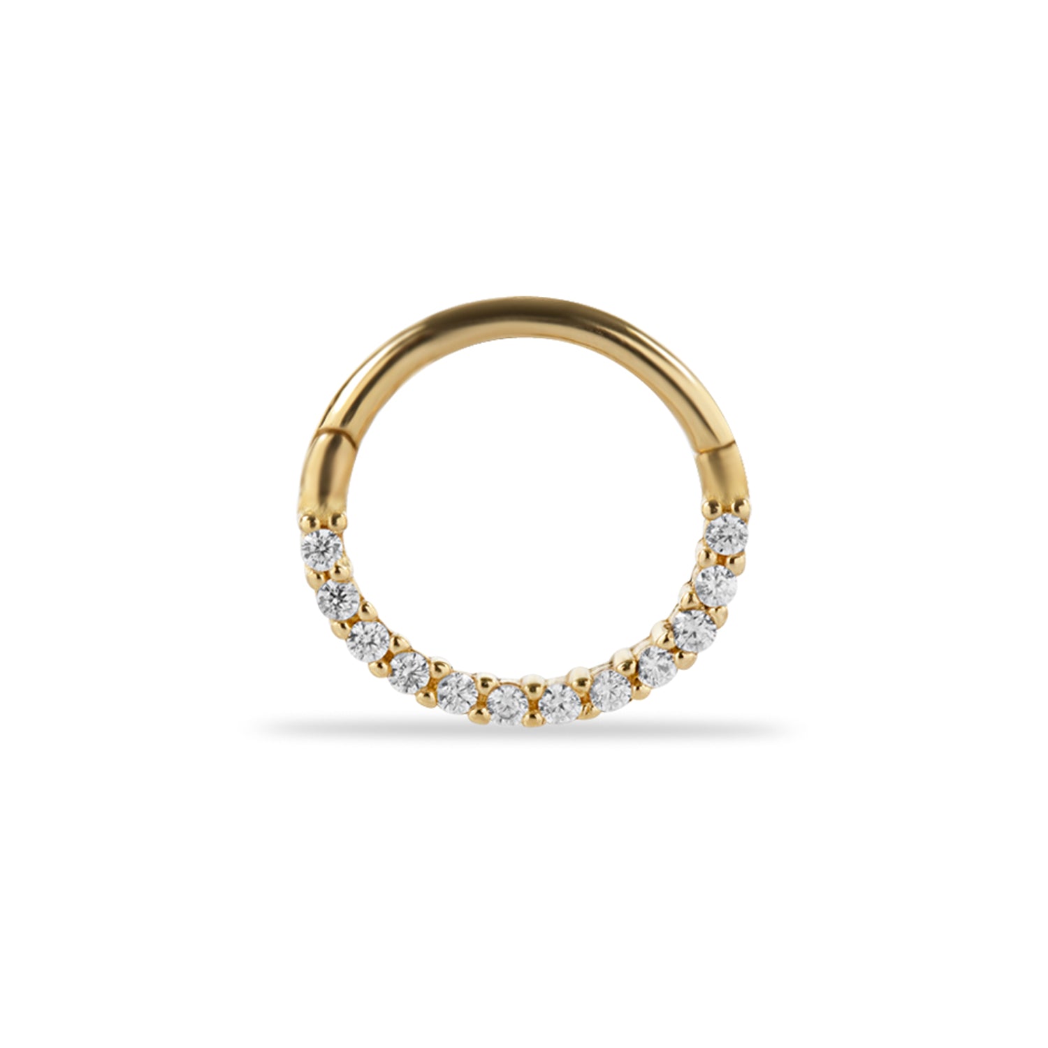 8mm Hoop piercing earring with clear zircons- 14K Solid Yellow Gold