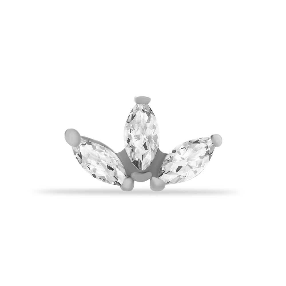 Lotus flower stud piercing earring with clear zircons - 14K Solid White Gold