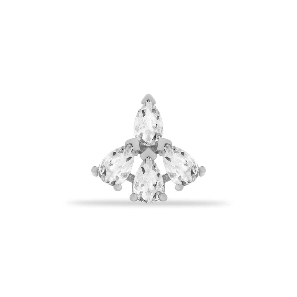 Lotus flower stud piercing earring with clear zircons - 14K Solid White Gold