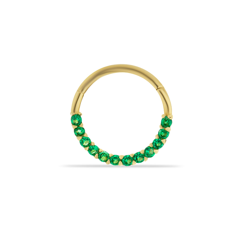 8mm Hoop piercing earring with green zircons- 14K Solid Yellow Gold