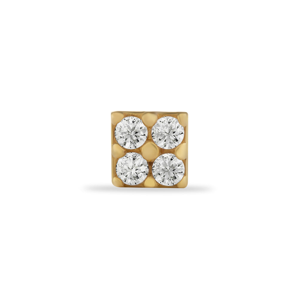 Square stud piercing earring with clear zircons - 14K Solid Yellow Gold