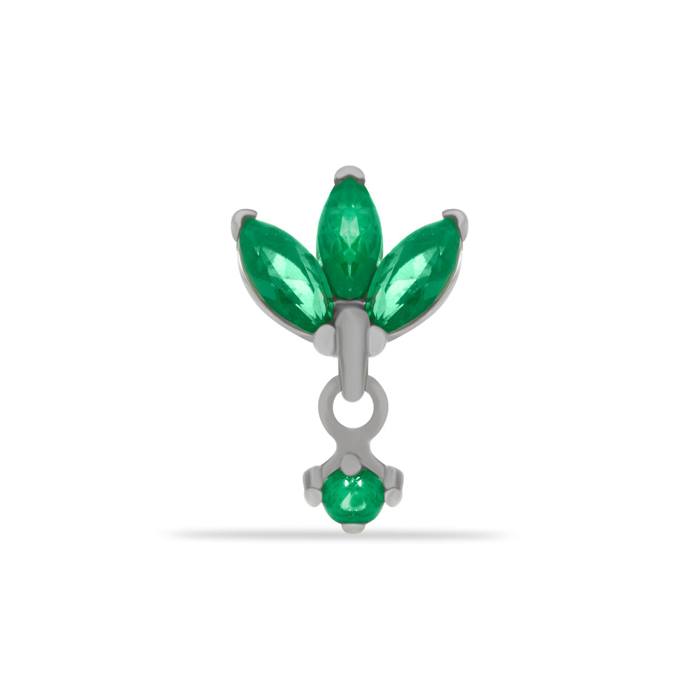 Lotus flower stud piercing earring with green zircons & hanging chain - 14K Solid White Gold