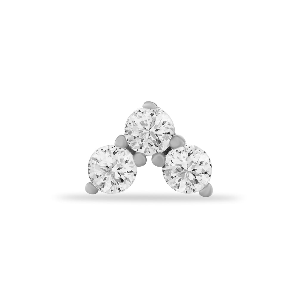 Stud piercing earring with clear zircons - 14K Solid White Gold