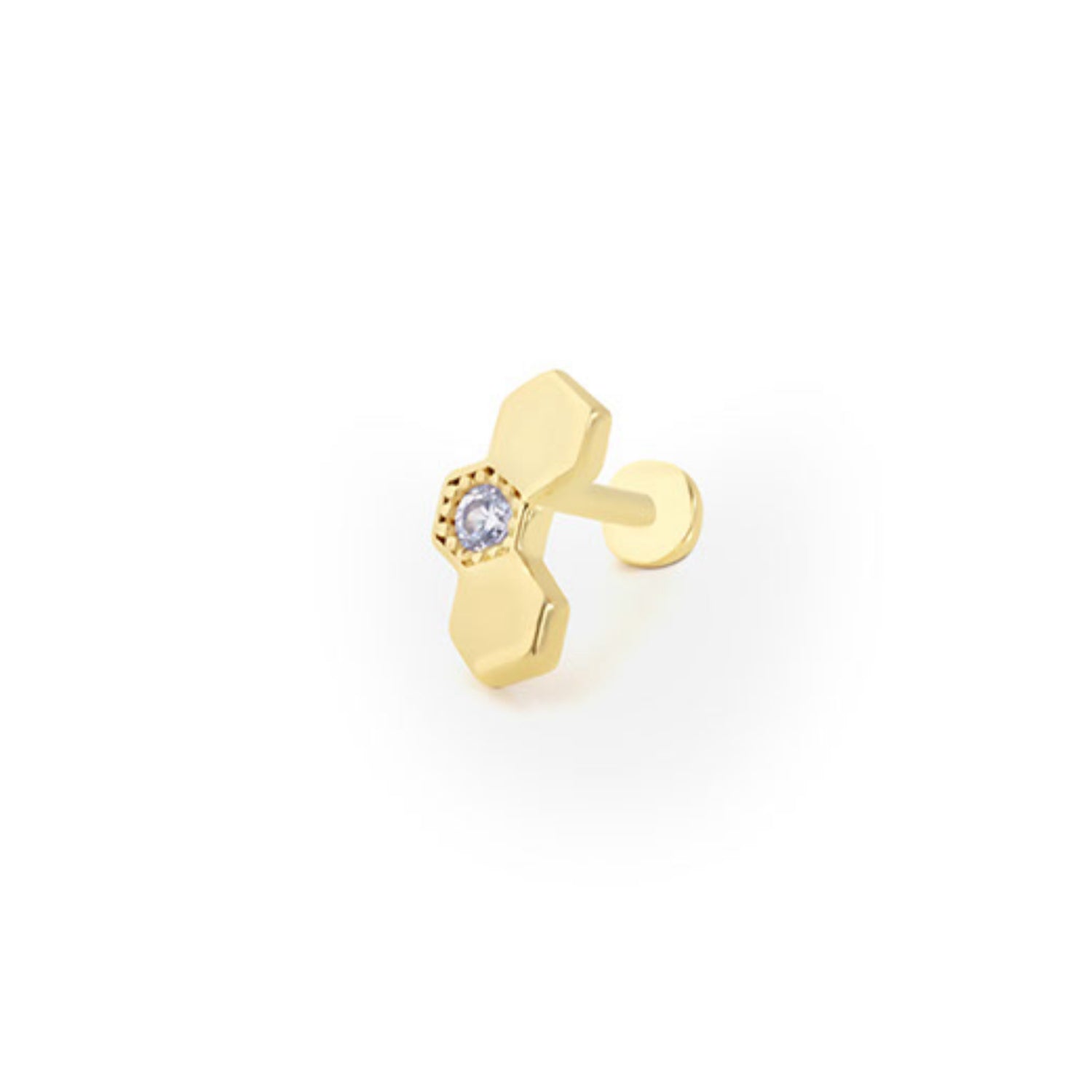 Stud piercing earring with clear zircon - 14K Solid Yellow Gold