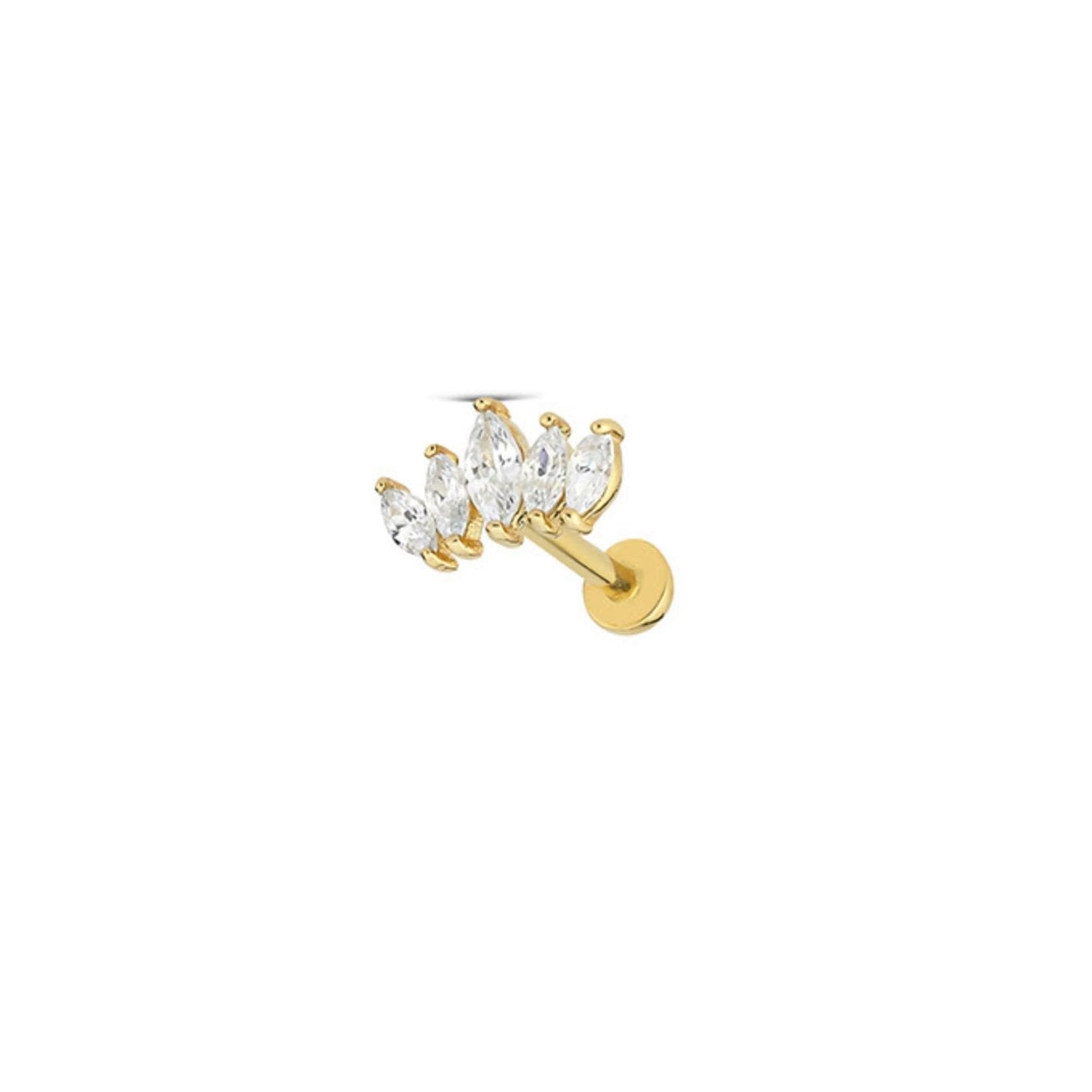 Lotus stud piercing earring with clear zircons - 14K Solid Yellow Gold