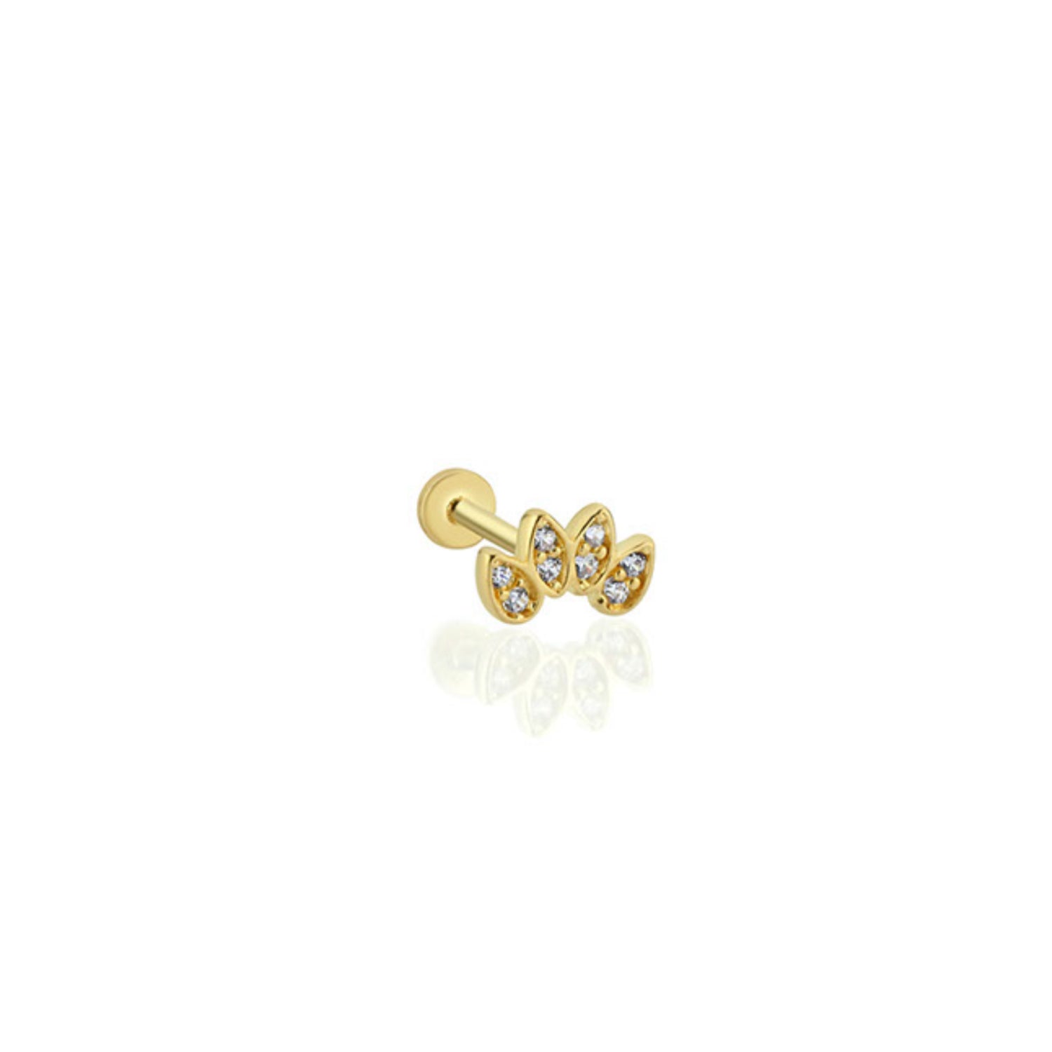 Lotus stud piercing earring with clear zircons - 14K Solid Yellow Gold